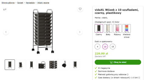 vidaXL Wózek z 10 szufladami, czarny, plastikowy vidaXL Wózek z 10 szufladami, czarny, plastikowy
