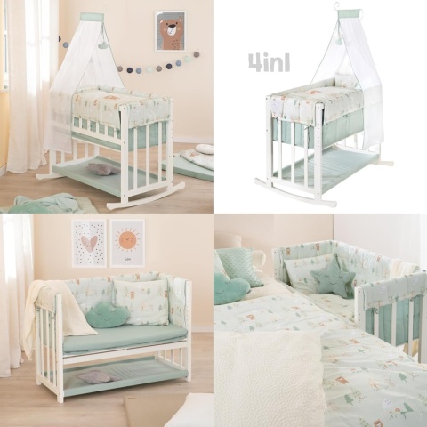 Roba Woodland Buddies Kołyska Dostawna 4w1 90x45 cm Biała z Materacem i Baldachimem