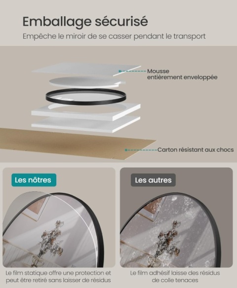 Okrągłe Lustro Ścienne SONGMICS – 50 cm – Czarna Rama Aluminiowa
