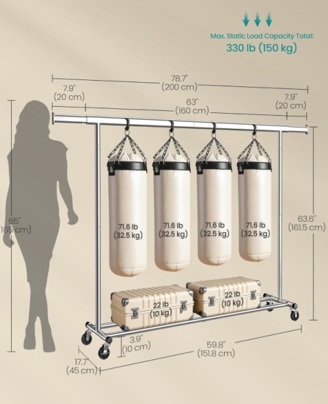 Wytrzymały Wieszak na Ubrania SONGMICS – Nośność 150 kg – Wysuwany 160-200 cm
