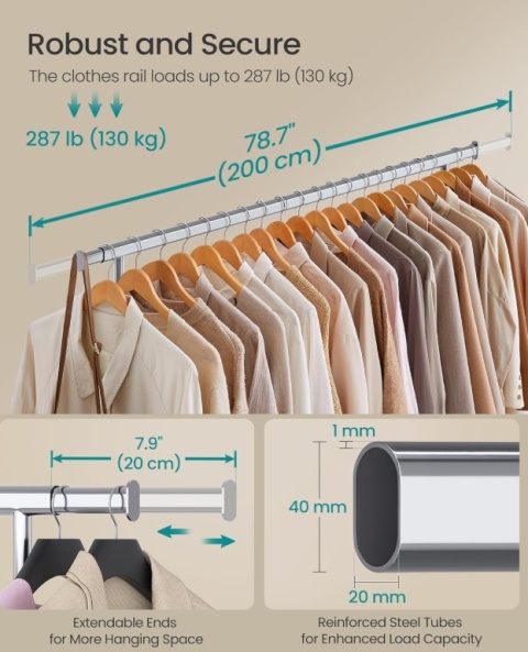Wytrzymały Wieszak na Ubrania SONGMICS – Nośność 150 kg – Wysuwany 160-200 cm