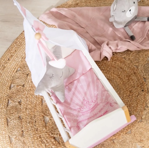 Drewniana Kołyska dla Lalek Scarlett z Baldachimem – Biało-Różowa – 61,5 cm