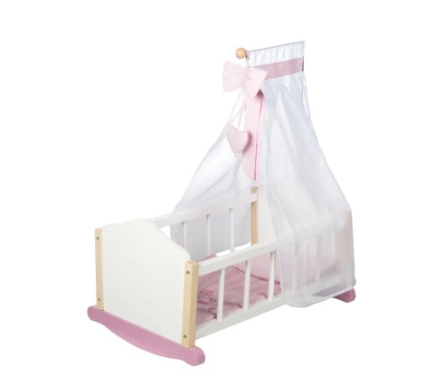 Drewniana Kołyska dla Lalek Scarlett z Baldachimem – Biało-Różowa – 61,5 cm