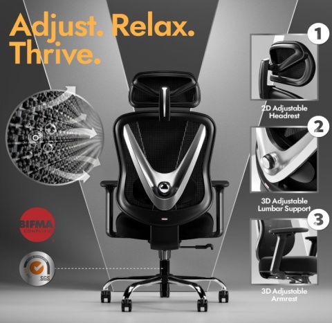 Ergonomiczne Krzesło Biurowe HOLLUDLE – Podparcie Lędźwiowe 3D | Podłokietniki 3D | Design V-Shape