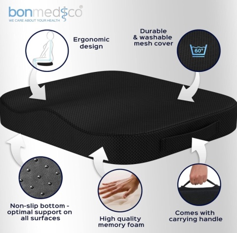 Ortopedyczna Poduszka do Siedzenia bonmedico – Pianka Memory | Ergonomiczna | Do Biura i Samochodu