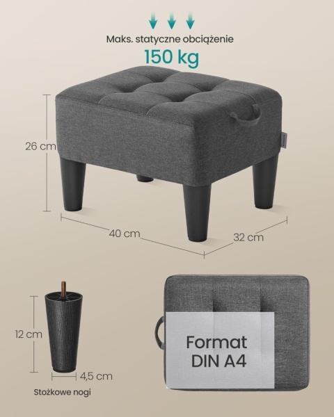 Podnóżek Tapicerowany SONGMICS LOM502G01 – Siedzisko 150kg | Imitacja Lnu | Schowek | Szary