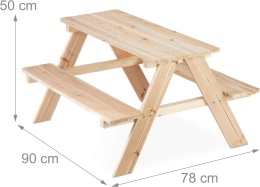 Drewniany Zestaw Mebli Ogrodowych dla Dzieci Relaxdays – Stół Piknikowy z Ławkami | Naturalne Drewno Sosnowe | 90 cm