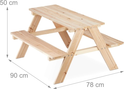 Drewniany Zestaw Mebli Ogrodowych dla Dzieci Relaxdays – Stół Piknikowy z Ławkami | Naturalne Drewno Sosnowe | 90 cm