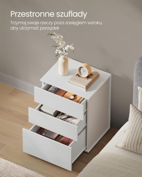 Stolik Nocny VASAGLE LET778W01 – 3 Szuflady | Montaż Bez Narzędzi | Biały Mat + Beż Cappuccino | Szafka Nocna