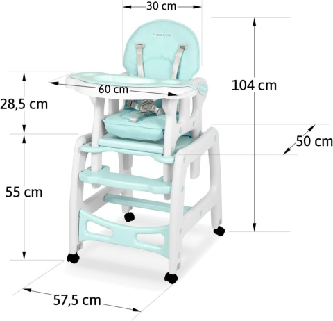 Krzesełko do karmienia 5w1 Ricokids SINCO – Turkusowe | Funkcja Bujania | Stolik i Krzesełko | Do 15 kg