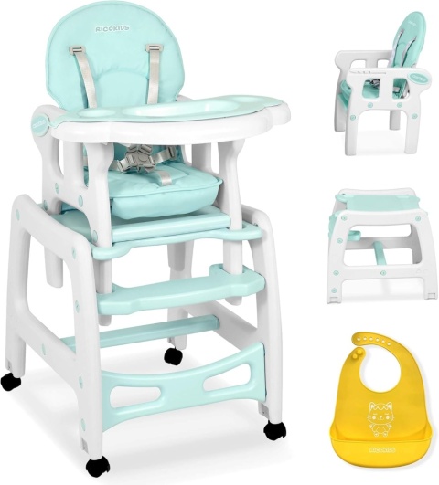 Krzesełko do karmienia 5w1 Ricokids SINCO – Turkusowe | Funkcja Bujania | Stolik i Krzesełko | Do 15 kg