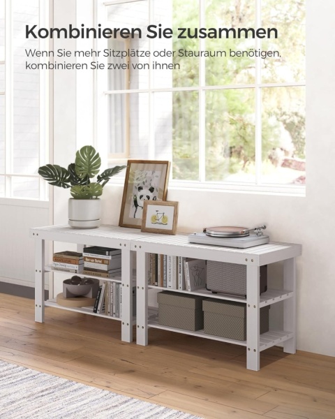 Bambusowa Ławka na Buty SONGMICS LBS004W01 – Biała | 70 cm | Udźwig 130 kg | 3 Poziomy