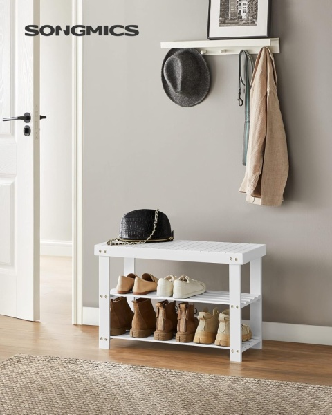 Bambusowa Ławka na Buty SONGMICS LBS004W01 – Biała | 70 cm | Udźwig 130 kg | 3 Poziomy