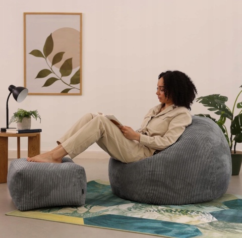 Zestaw Pufa Fotel Icon + Podnóżek | Sztruks | Szary | Ergonomiczny Sako | 85x85 cm