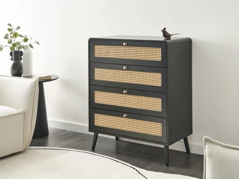 Beliani Komoda MOURA Czarna z 4 Szufladami Boho Rattan 80x40x98 cm