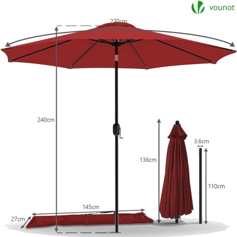 Parasol Ogrodowy VOUNOT 270 cm – Czerwony | Ochrona UV | Z Korbą i Pokrowcem | Składany