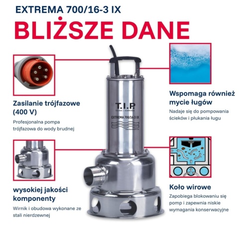 T.I.P. Extrema 700/16-3 IX Budowlana Pompa Zanurzeniowa do Wody Brudnej - 400 V - 2500 W - 42 000 l/h
