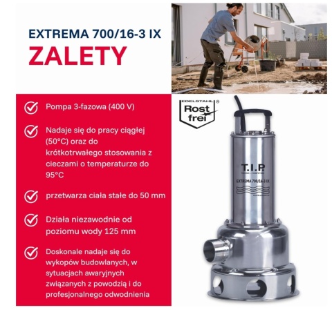 T.I.P. Extrema 700/16-3 IX Budowlana Pompa Zanurzeniowa do Wody Brudnej - 400 V - 2500 W - 42 000 l/h