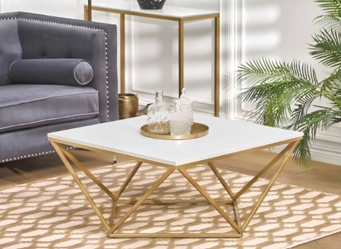 Nowoczesny Kwadratowy Stolik Kawowy Beliani MALIBU - Efekt Marmuru / Złoty - 80 x 80 cm