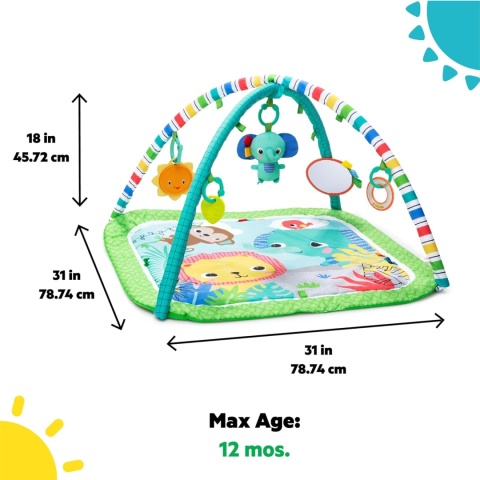 Bright Starts™ Wild Wiggles™ Safari – Interaktywna Mata Edukacyjna z Muzycznym Słonikiem i Składanym Pałąkiem FoldAway