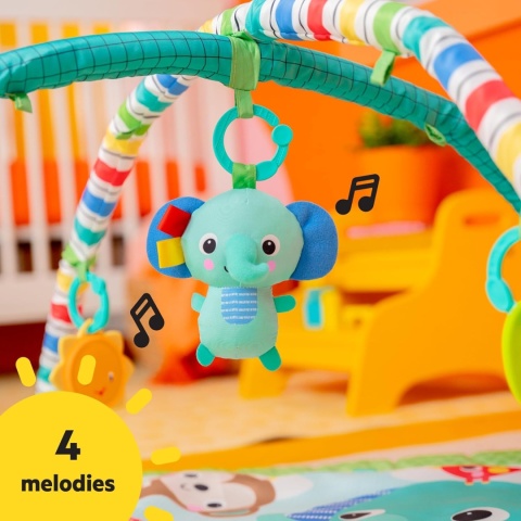Bright Starts™ Wild Wiggles™ Safari – Interaktywna Mata Edukacyjna z Muzycznym Słonikiem i Składanym Pałąkiem FoldAway