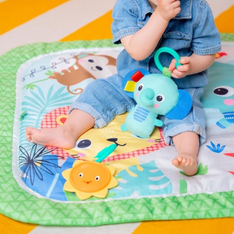 Bright Starts™ Wild Wiggles™ Safari – Interaktywna Mata Edukacyjna z Muzycznym Słonikiem i Składanym Pałąkiem FoldAway