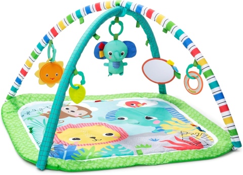 Bright Starts™ Wild Wiggles™ Safari – Interaktywna Mata Edukacyjna z Muzycznym Słonikiem i Składanym Pałąkiem FoldAway