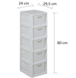 BranQ Home Essential Regał Rattanowy z 5 Koszami - Tworzywo Sztuczne PP bez BPA - Wolnostojący - Biały - 24 x 29,5 x 80 cm