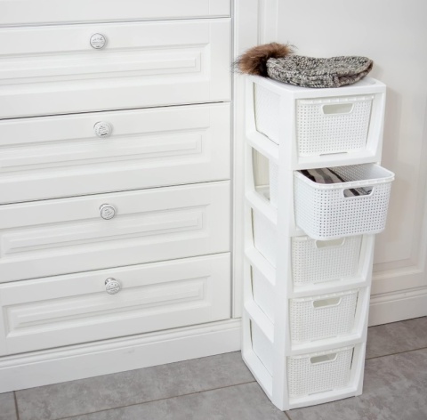 BranQ Home Essential Regał Rattanowy z 5 Koszami - Tworzywo Sztuczne PP bez BPA - Wolnostojący - Biały - 24 x 29,5 x 80 cm