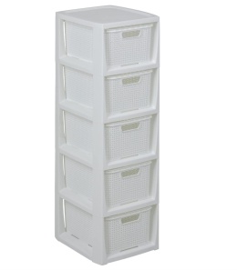 BranQ Home Essential Regał Rattanowy z 5 Koszami - Tworzywo Sztuczne PP bez BPA - Wolnostojący - Biały - 24 x 29,5 x 80 cm
