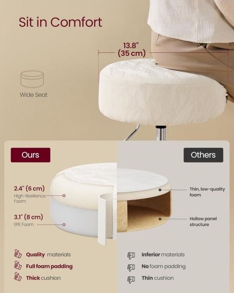 Luksusowy Stołek do Toaletki i Makijażu – Regulowana Wysokość – Obrotowy 360° – Gruba Tapicerka Soft PU – Kremowo-Biały