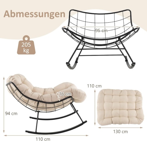 Costway Fotel Bujany Ogrodowy XXL Papasan – Stabilna Metalowa Rama do 205 kg – Wodoodporny – Kremowo-Beżowy
