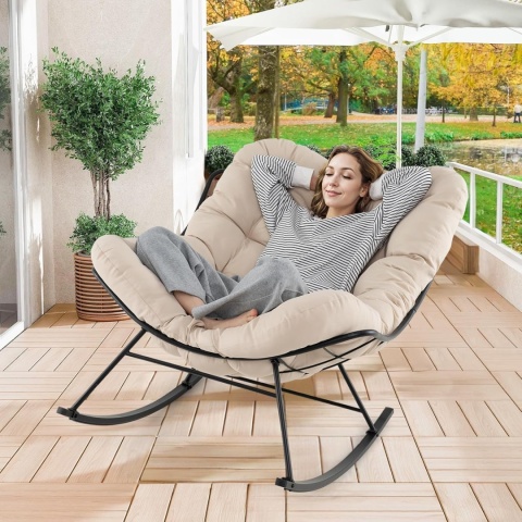 Costway Fotel Bujany Ogrodowy XXL Papasan – Stabilna Metalowa Rama do 205 kg – Wodoodporny – Kremowo-Beżowy