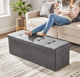 Songmics LSF77K – Składana Ławka i Pufa ze Schowkiem XXL – Skrzynia 120L – Udźwig do 300 kg – (Imitacja Lnu) – 110 x 38 x 38 cm