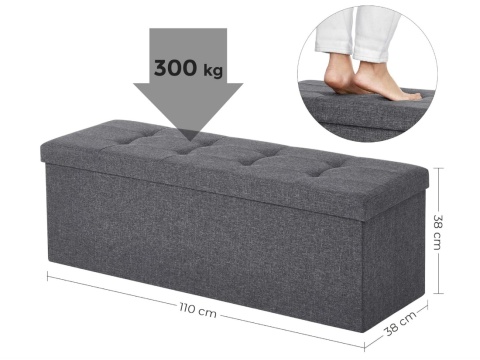 Songmics LSF77K – Składana Ławka i Pufa ze Schowkiem XXL – Skrzynia 120L – Udźwig do 300 kg – (Imitacja Lnu) – 110 x 38 x 38 cm