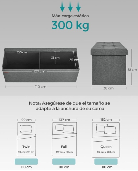 Songmics LSF77K – Składana Ławka i Pufa ze Schowkiem XXL – Skrzynia 120L – Udźwig do 300 kg – (Imitacja Lnu) – 110 x 38 x 38 cm