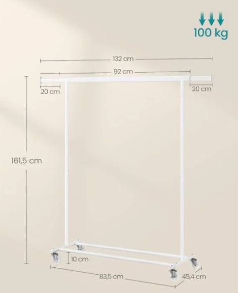 Songmics HSR013W01 – Wytrzymały Wieszak na Kółkach – Rozsuwany Drążek 92-132 cm – Chromowany Metal – Nośność do 90 kg