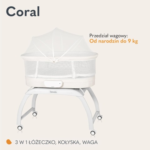 Lionelo Coral 3w1 – Inteligentne Łóżeczko Dziecięce, Automatyczna Kołyska i Waga Niemowlęca – Pilot, Materac T25 i Moskitiera –