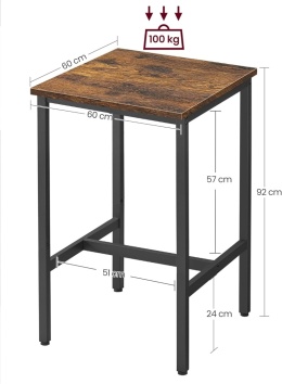 Vasagle LBT25X – Kwadratowy Wysoki Stół Barowy i Jadalniany – Styl Industrialny / Loft – Stalowa Rama i Podnóżek 60 x 60 x 92 cm