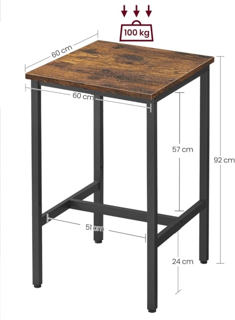 Vasagle LBT25X – Kwadratowy Wysoki Stół Barowy i Jadalniany – Styl Industrialny / Loft – Stalowa Rama i Podnóżek 60 x 60 x 92 cm