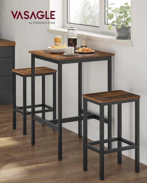 Vasagle LBT25X – Kwadratowy Wysoki Stół Barowy i Jadalniany – Styl Industrialny / Loft – Stalowa Rama i Podnóżek 60 x 60 x 92 cm