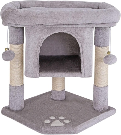 Lionto – Stabilny Drapak dla Kota z Jaskinią ,wysokość 60 cm – Mocny Sizal i Miękki Plusz – Jasnoszary – 40 x 40 x 60 cm
