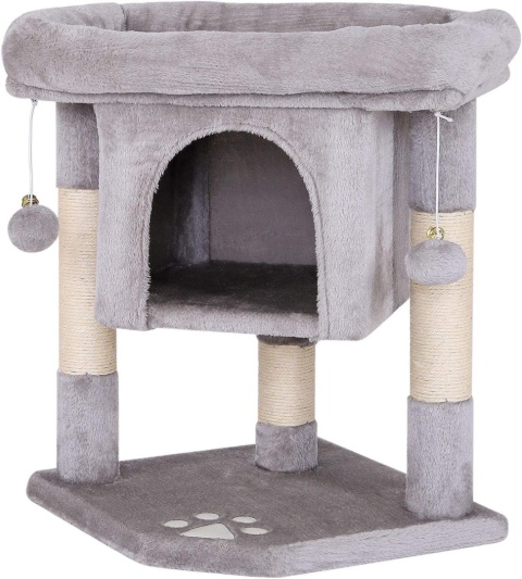 Lionto – Stabilny Drapak dla Kota z Jaskinią ,wysokość 60 cm – Mocny Sizal i Miękki Plusz – Jasnoszary – 40 x 40 x 60 cm