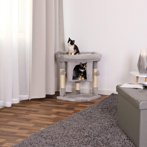 Lionto – Stabilny Drapak dla Kota z Jaskinią ,wysokość 60 cm – Mocny Sizal i Miękki Plusz – Jasnoszary – 40 x 40 x 60 cm