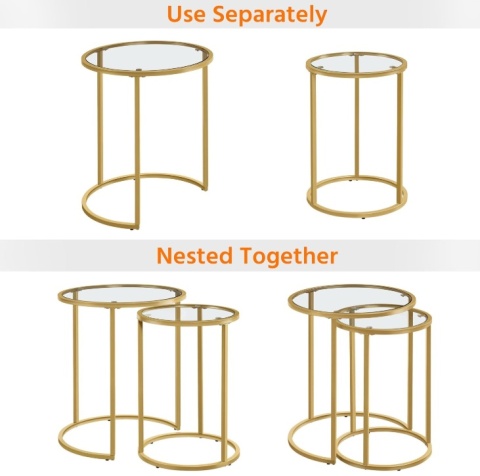 Yaheetech – Nowoczesny Zestaw 2 Okrągłych Stolików Kawowych (Nesting Tables) – Szkło Hartowane i Metalowa Rama