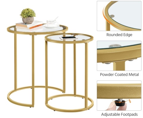 Yaheetech – Nowoczesny Zestaw 2 Okrągłych Stolików Kawowych (Nesting Tables) – Szkło Hartowane i Metalowa Rama