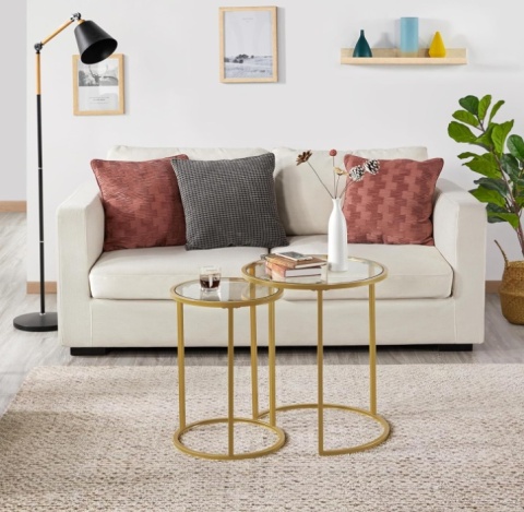 Yaheetech – Nowoczesny Zestaw 2 Okrągłych Stolików Kawowych (Nesting Tables) – Szkło Hartowane i Metalowa Rama