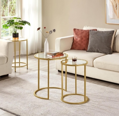 Yaheetech – Nowoczesny Zestaw 2 Okrągłych Stolików Kawowych (Nesting Tables) – Szkło Hartowane i Metalowa Rama