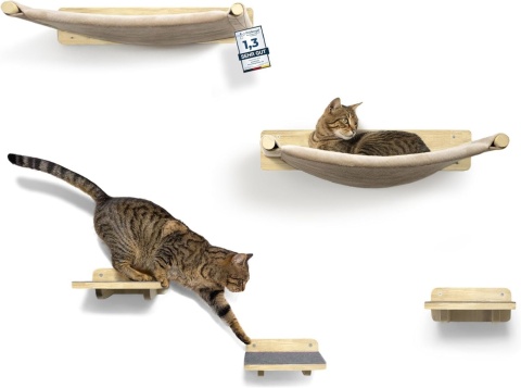 WOOWOOD® – Luksusowa Ścianka Wspinaczkowa i Zestaw Mebli Ściennych dla Kota – Lite Drewno, 2x Hamak i Schodki