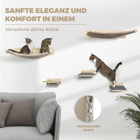 WOOWOOD® – Luksusowa Ścianka Wspinaczkowa i Zestaw Mebli Ściennych dla Kota – Lite Drewno, 2x Hamak i Schodki